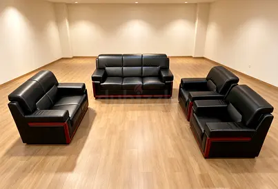 Black leather 3-piece office lounge sofa set (3-seater + 2 x single sofas)
