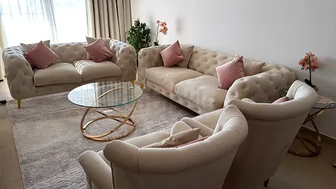 Beige 3-piece Sofa Set with Chairs and Coffee Table