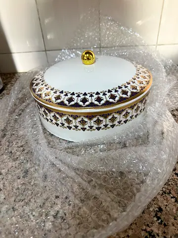 Decorative Porcelain Lidded Dish with Gold Trim