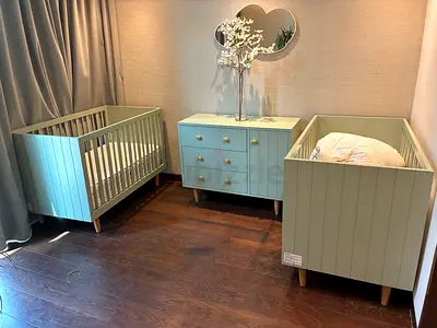 Crate & Barrell : Pair of matching baby cribs with dresser - light sage, gently used