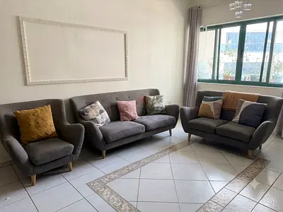 3-piece grey fabric living room sofa set with armchair with matching curtains