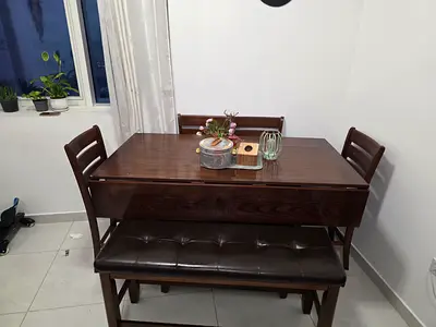 Solid Wood Dining Table with 3 Chairs and Bench - Dark Brown