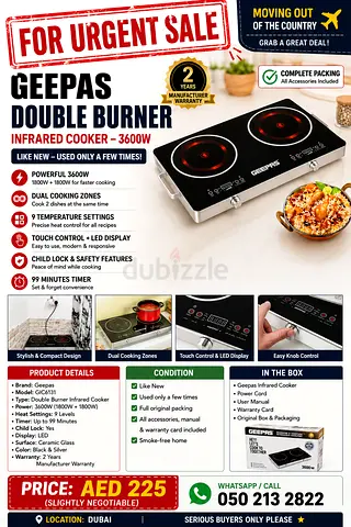 URGENT SALE – Geepas Double Burner Infrared Cooker 3600W | Like New | 2 Years Warranty