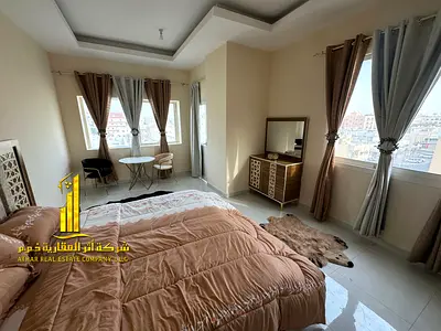 Luxury studio apartment, second occupancy, with separate kitchen and open balcony. Fully furnished. ✨ Ajman, Al Nuaimiya. For monthly rent.