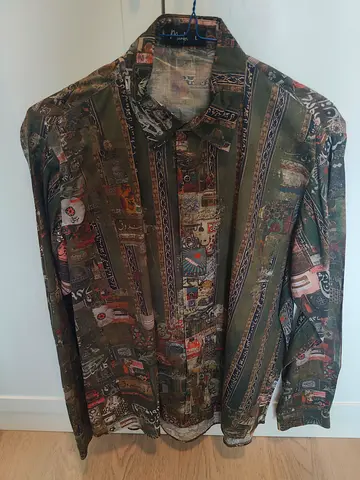 Men's long-sleeve patterned button-up shirt - olive vintage style, size M