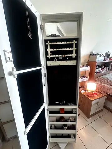 White Wooden Accesories Organizer with Mirror and Storage Shelves
