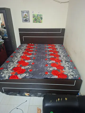 Queen size bed frame with headboard and mattress - dark wood