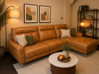 Comfortable tan leather L-shaped sectional sofa with chaise (good condition)