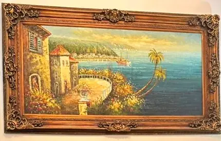 Framed Seaside Landscape Oil Painting - Vintage Style