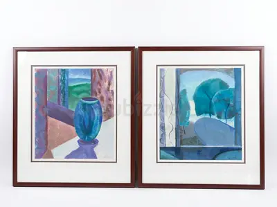 Vintage 1980s/90s Al Abbar Gallery Dubai Framing – Pair of Modernist Teal & Blue (signed)
