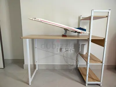 Wooden Study Desk with Built-in Shelves – Light Oak, White Frame. Can be unassembled for transportin