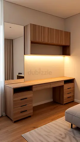 Wood Finish Study Desk with Overhead Cabinet and Mirror