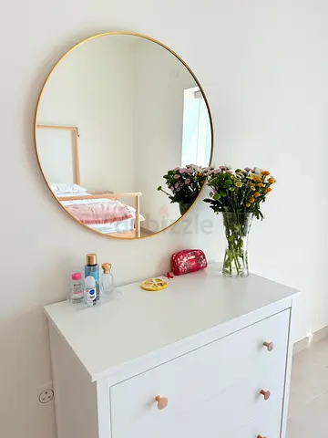 White 3-Drawer Dresser with Round Gold Wall Mirror from IKEA