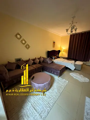 Luxury second-occupancy studio apartment with a separate kitchen and open view. ✨ Ajman, Jasmine Towers. For monthly rent.