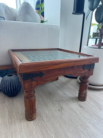 Solid Wood Low Coffee Table with Glass Top and Carved Legs