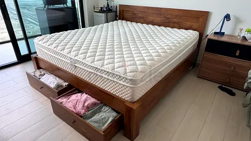 King size wood bed with storage drawers- Good Condition - already disambled
