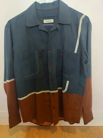 Men's long-sleeve casual button-up shirt - blue/brown, size L (label: Artless)