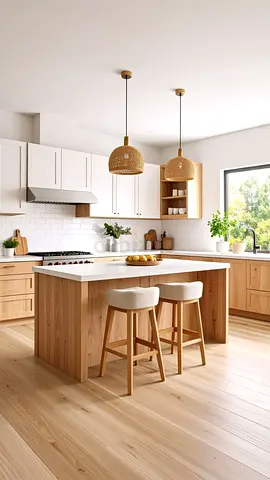 Modern wooden kitchen island with marble top