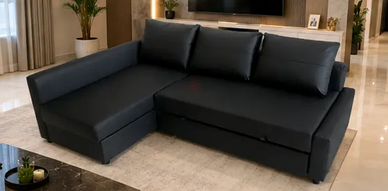 Modern L-shaped Black Leather Sofa Bed - Excellent Condition