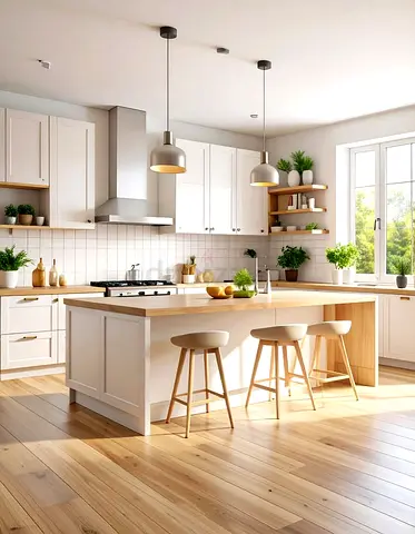 Modern white kitchen with island and with storage