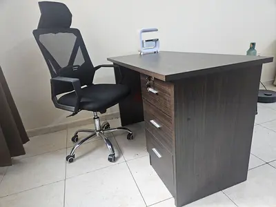 Dark Wood Office Desk with 3 Drawers + Ergonomic Mesh Office Chair