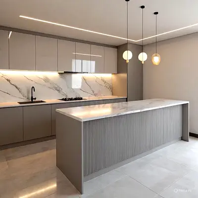 Modern Grey Kitchen Island with Marble Top