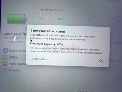 MacBook battery health screenshot - Maximum Capacity 97% (selling laptop)