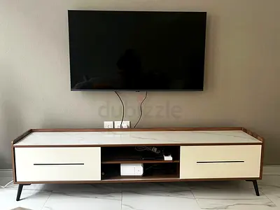 Modern Low TV Cabinet with Sintered Stone Top and Storage