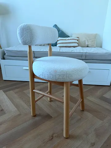 Boucle-style vanity/bar stool with backrest — light wood frame, white
