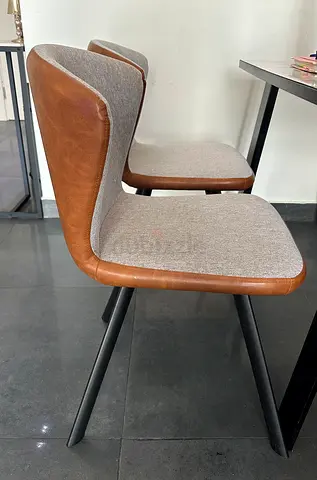 Set of 2 modern dining chairs with leather back and grey fabric seat