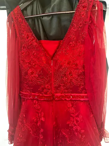 Red embroidered long sleeve evening gown, size large