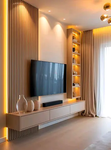 Modern Wall-Mounted Entertainment Unit with Shelves and LED Lighting