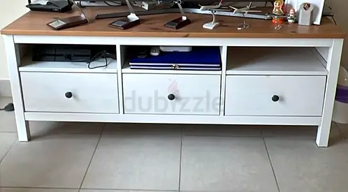 White TV Cabinet with Three Drawers and Wood Top - Good Condition