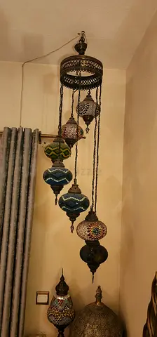 Tall original hanging Turkish mosaic lamp with multi-colored hanging lanterns