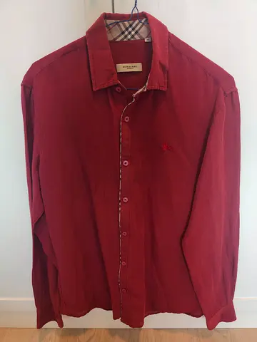 Original Burberry men's long sleeve button-up shirt - maroon, size M