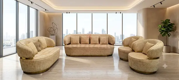 5-piece Beige Curved Sofa Set — Modern Upholstered Living Room Set