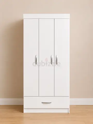 Modern White 3-Door Wardrobe with Drawer