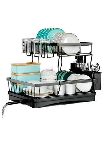 Two-tier Dish Drying Rack with Cutlery Holder and Drainboard