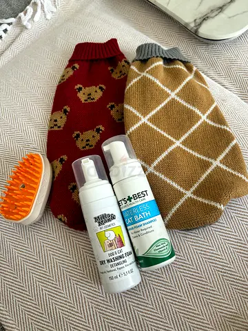 Two cat/dog sweaters + brush and grooming foams - all used once