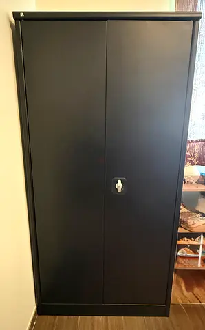 Black Metal Storage Cabinet with Lock - Good Condition