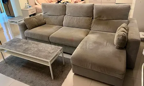 Comfortable L-shaped grey fabric sofa with chaise (3-seater) + Storage + 2 coffee tables