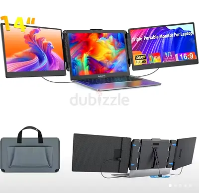 Triple 14" Portable USB-C Monitor - Foldable Dual Side Screens for Laptop