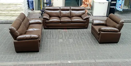 3-piece brown leather sofa set — 3-seater, 2-seater and armchair