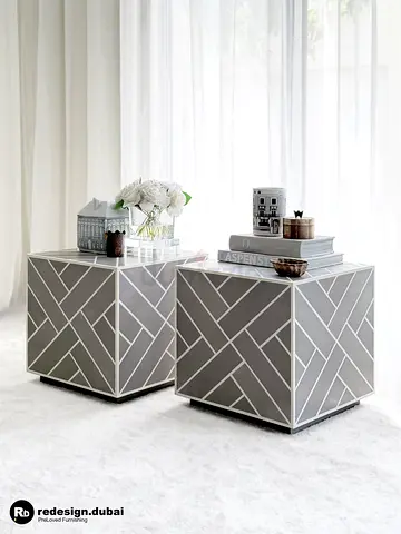 GEOMETRIC INLAY COFFEE TABLE SET or side table or console or pedestal plinth or nightstand or side