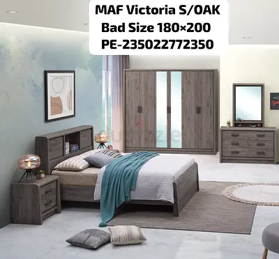 Oak Finish Bedroom Set — Bed (180x200) with Wardrobe, Dresser & Nightstand