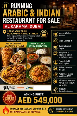RUNNING ARABIC & INDIAN RESTAURANT FOR SALE – AL KARAMA, DUBAI