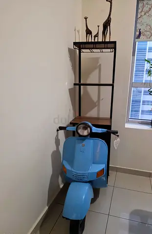 Vintage blue scooter styled Metal and Wood Corner Shelf Unit - 4 Tier, Black Frame