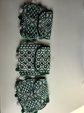 Handmade Green & White Embroidered Mini Pouch Trio with Tassels