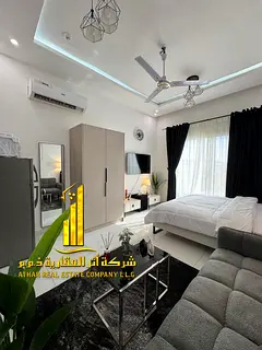 Luxury studio apartment with separate kitchen and balcony, furnished with hotel-style furniture, ava