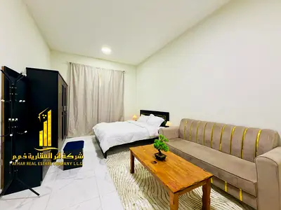 Luxury studio apartment, second occupancy. Separate kitchen and open view. Fully furnished. ✨ Ajman, Al Muwaihat 2. For monthly rent.